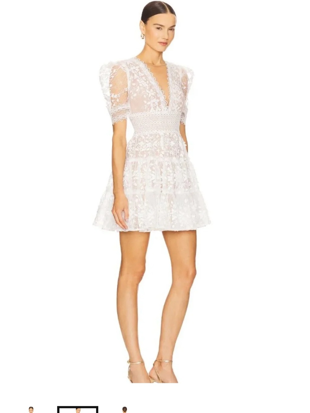 Bronx and Banco White Lace V‑Neck Mini Dress with Puff Sleeves